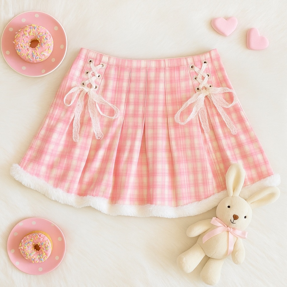 Adorable Pink Plaid Skirt with Fuzzy Hem & Lace-Up Detail – Size Small